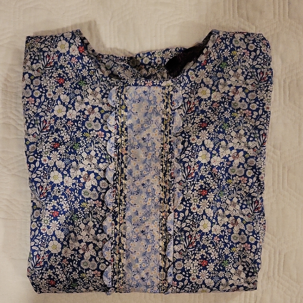 J. Crew Blue and Pink Ruffled Blouse with Mandarin Collar